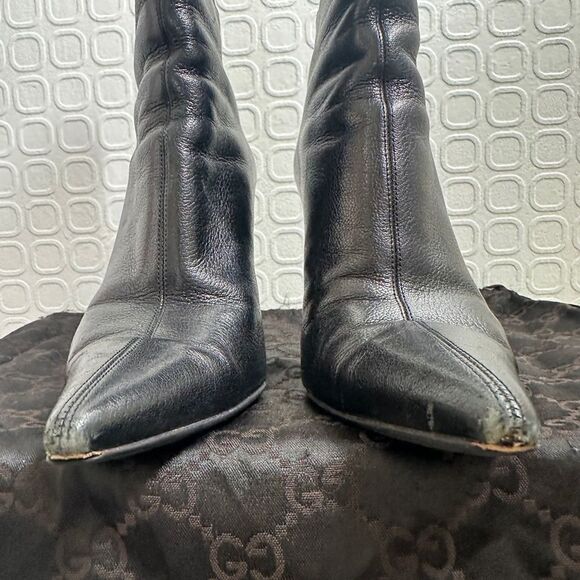 Gucci Black Leather Pointed Toe Ankle Boots Size 37 1/2 US 7 1/2 Original Box - Picture 6 of 16